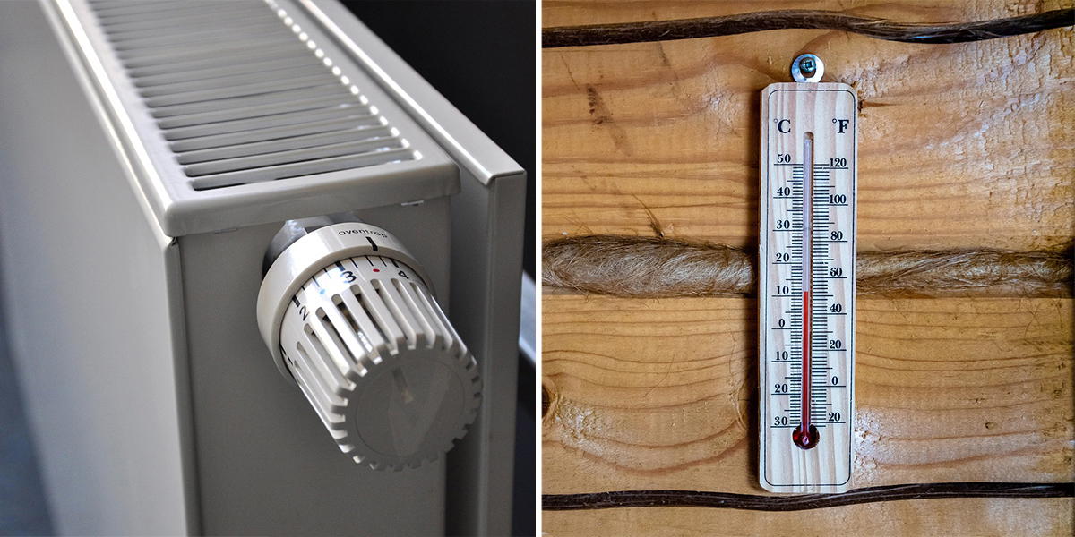 Ett element och en termometer. Den här temperaturen bör du aldrig understiga för husets hälsa och den här temperaturen bör du inte understiga för din egen hälsa.
