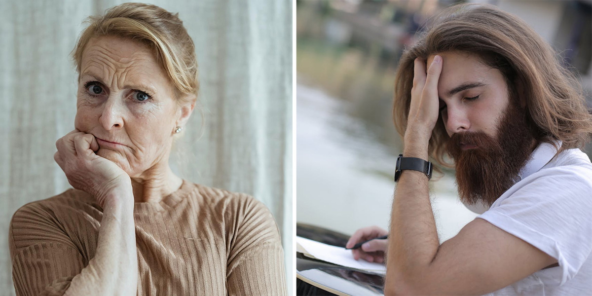 En man och en kvinna är bekymrade. I 40-årsåldern kommer ofta symtom som kan vara allt från allmän oro och milda minnesproblem till allvarlig psykisk stress och en psykoterapeut har skrivit en bok om hur vi kan hantera en medelålderskris och tiden efter medelåldern.