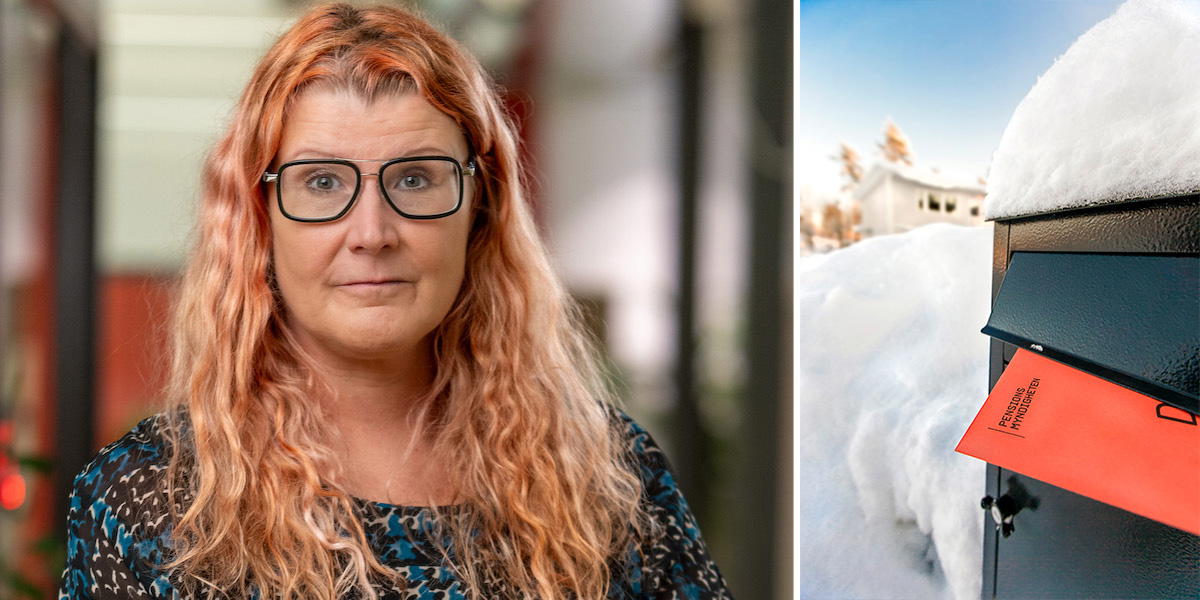 Pensionsexperten Monica Zettervall och Pensionsmyndighetens kuvert i en brevlåda.