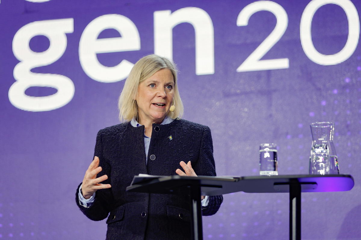 Socialdemokraternas partiledare Magdalena Andersson (S) talar på Industridagen i Sundsvall.