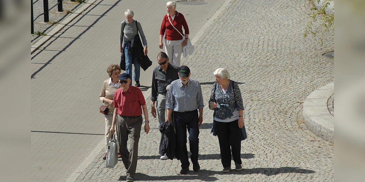 En grupp pensionärer på promenad. Sveriges åldrande befolkning är kanske inte så ansträngande för de offentliga finanserna som många antar. Vård- och omsorgsbehoven ökar mest efter 80 som och år 2050 beräknas vi ha en lägre andel 80-plussare per person i arbetsför ålder jämfört med många andra länder i Europa.