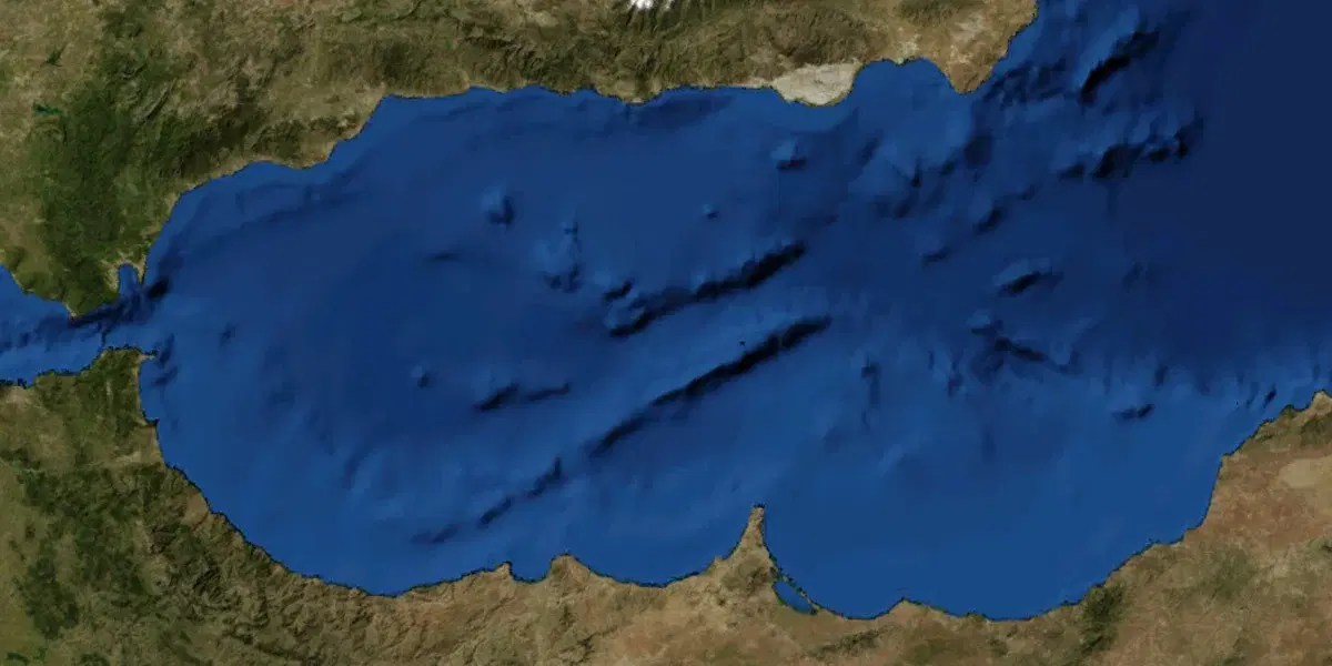 Satellitfoto över Alboránsjön, som är den västligaste delen av Medelhavet, innanför Gibraltar sund.