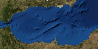 Satellitfoto över Alboránsjön, som är den västligaste delen av Medelhavet, innanför Gibraltar sund.
