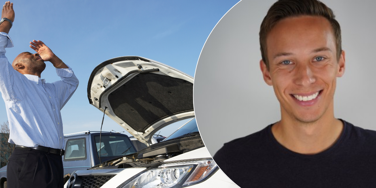 Johan Strömer, marknadschef konsument på CTEK, delar med sig av resultaten i en undersökning om svenska bilägares brist på underhåll. (Foto: Canva och LinkedIn)