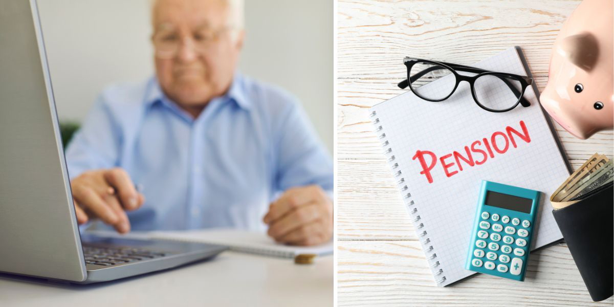 En man sitter vid datorn och någon har förberett för att räkna på sin pension