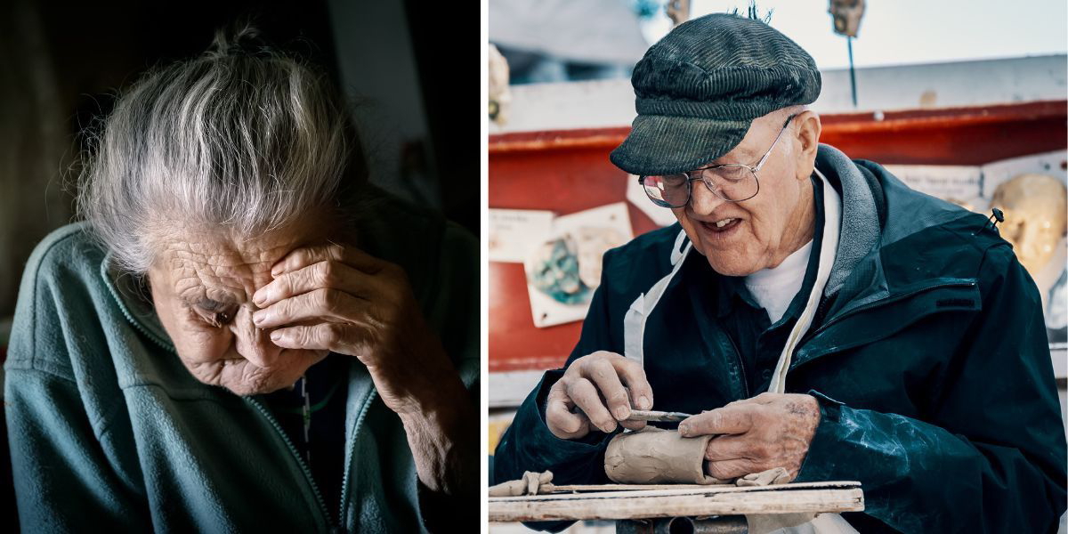 En gammal kvinna är bekymrad och en gammal man arbetar. Den första januari nästa år avskaffas pensionsåldern och det kommer påverka framtida pensionärer.