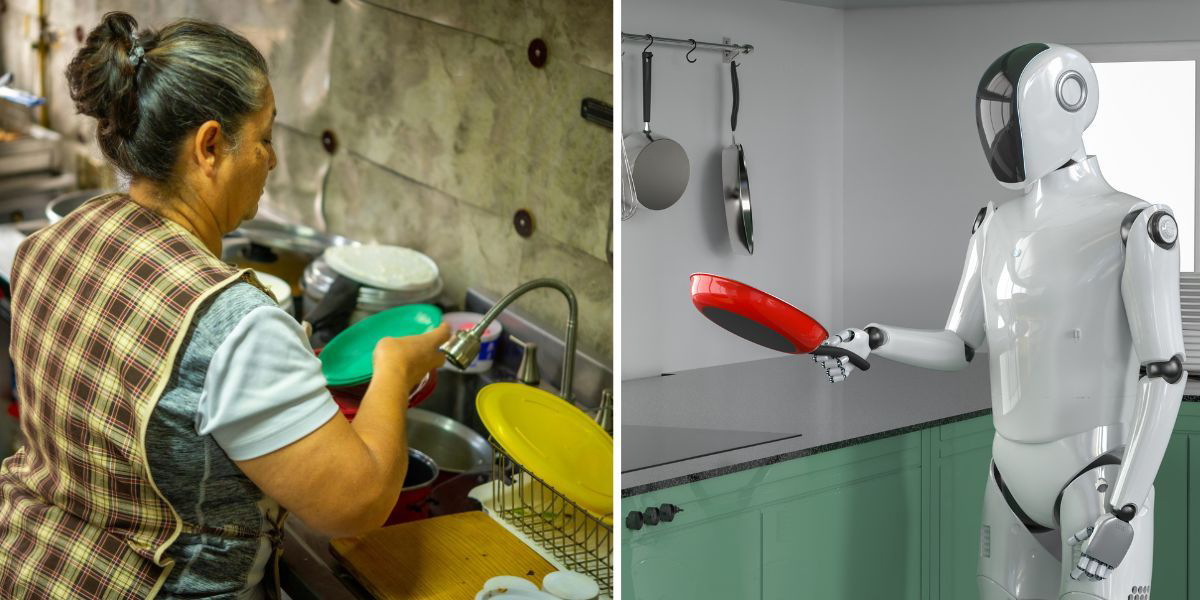 En kvinna diskar och en robot diskar. En robot som kan diska åt dig, det vore nåt, men en robot som tar hand om dig på äldreboendet, det är kanske en annan femma?