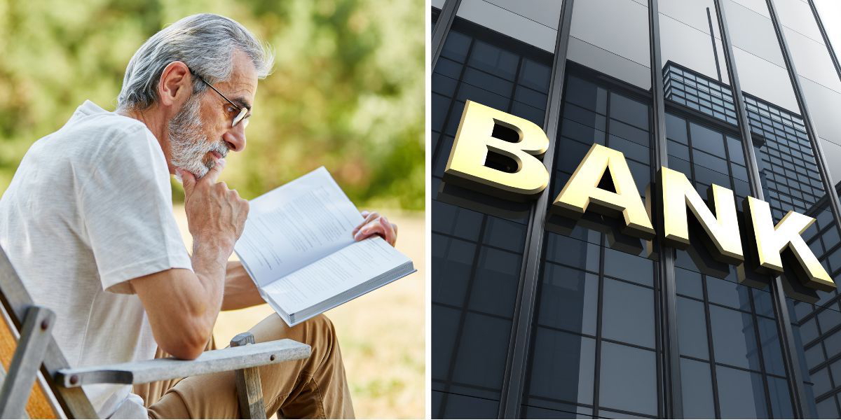 en man läser en bok och en bank. Boken "Die with Zero" handlar om att du i stället för att hamstra pengar och blir rik på banken ska du använda dem till att leva rikt.