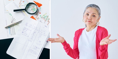 Kalkylblad och en kvinna som ser oförstående ut.