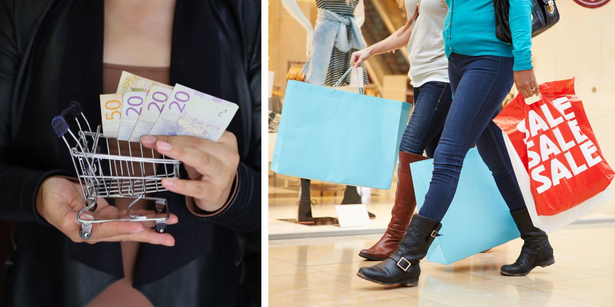 En kvinna håller en liten shoppingvagn med sedlar i och några personer bär på shoppingkassar. I september ökade svenska hushålls konsumtion, både jämfört med augusti och jämfört med september förra året.