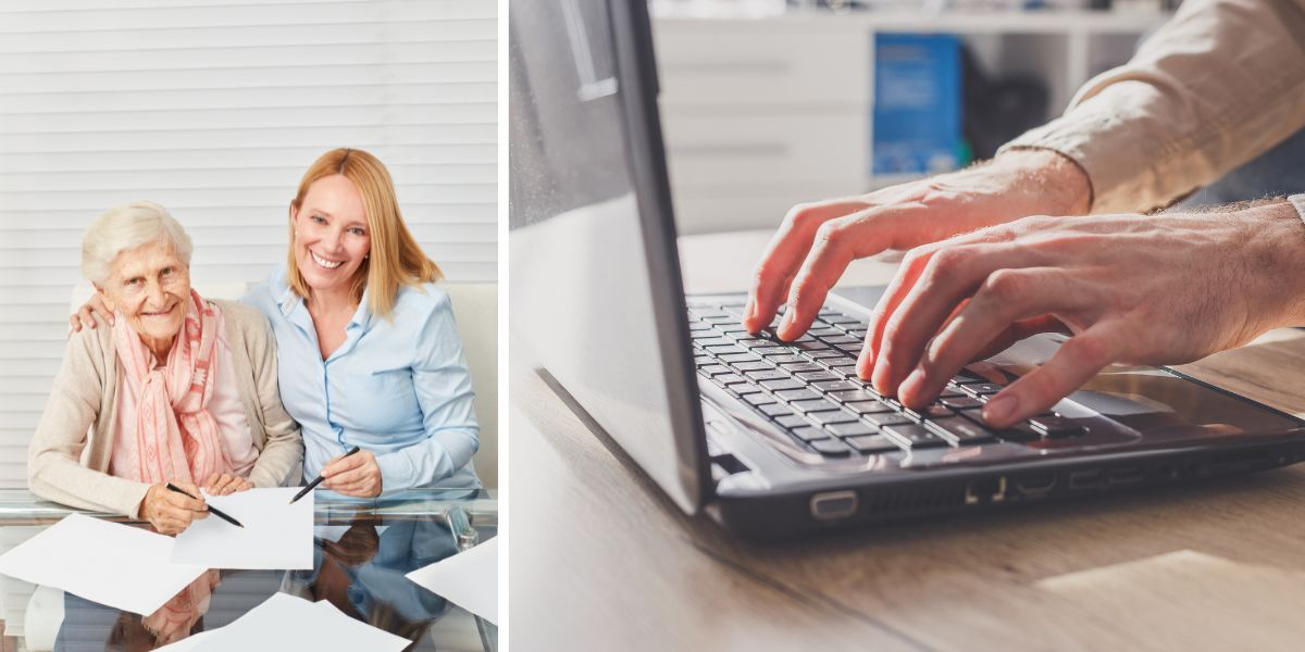 En ung kvinna hjälper en äldre kvinna fylla i papper och en man skriver Det år svårt att fylla i ansökan om bostadstillägg, dessutom är bostadstillägget orättvist, det tycket moderaten Sten Bergheden som skrivit en motion om att göra det mer rättvist.