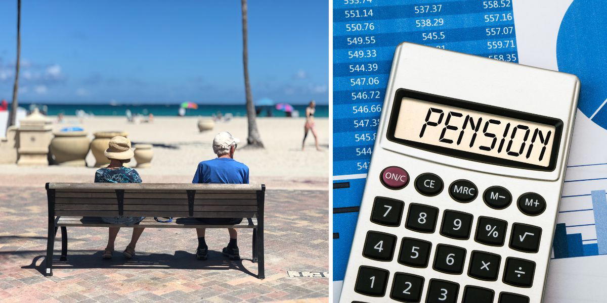Ett pensionärspar på en bänk vid en solig strand och en miniräknare. Det här behöver du veta om du planerar att flytta utomlands som pensionär, det påverkar över hälften av alla pensionärer i Sverige.