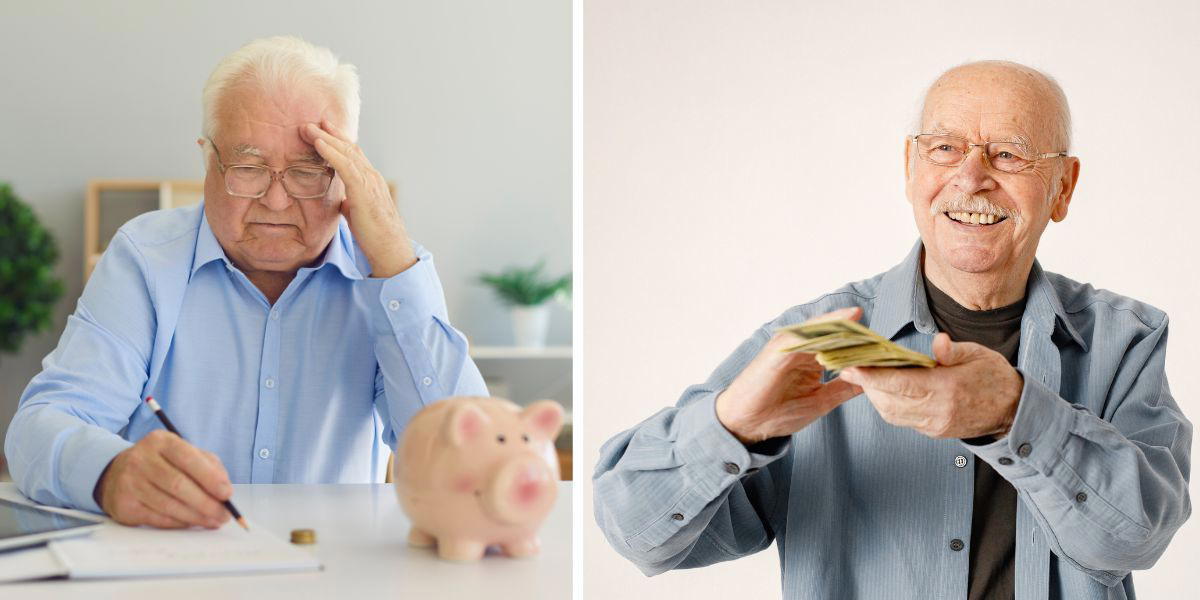 En bekymrad pensionär räknar pengar och en glad pensionär räknar pengar.