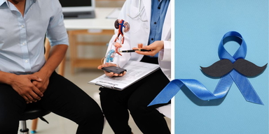 En läkare talar med en patient och blp bandet och en mustasch som symboliserar prostatacancer. Cancer kostar samhället flera miljarder kronor varje år, varför ny behandlingar inte bara är bra för de drabbade individerna utan för hela samhället. Nu har forskare hittat ett hormon som verkar spela en nyckelroll i utvecklingen av prostatacancer, något som så småningom skulle kunna leda till en ny behandling.