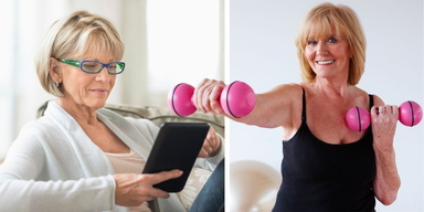 En kvinna läser på en surfplatta och en kvinna tränar. Ett program med träning, nyttig kost och coachning kan vara en hjälp för den som vill må bättre.